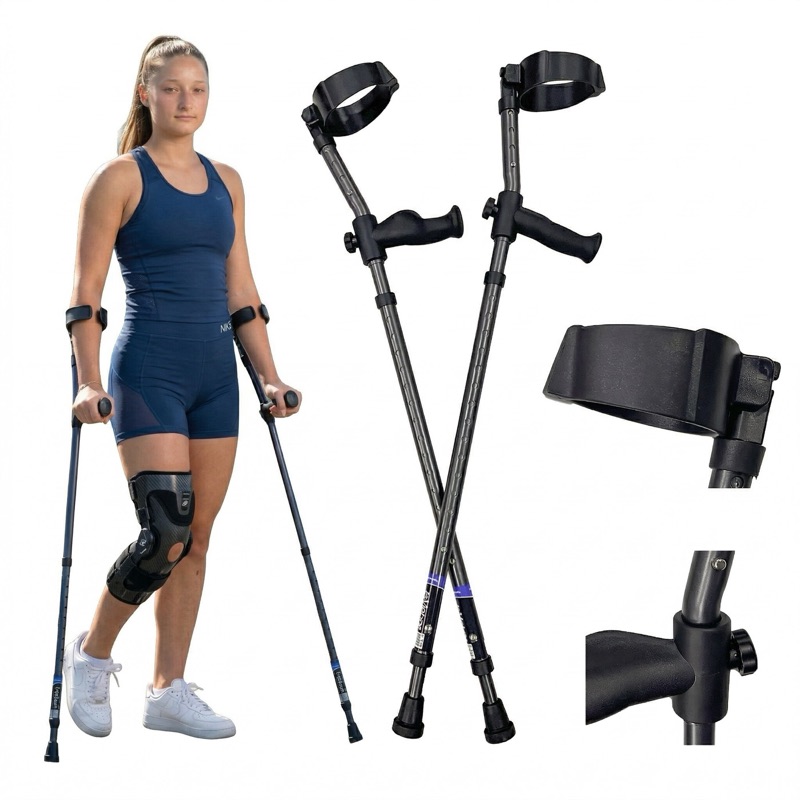 A person walking with In-Motion Pro forearm crutches, with cuff and tip detail views