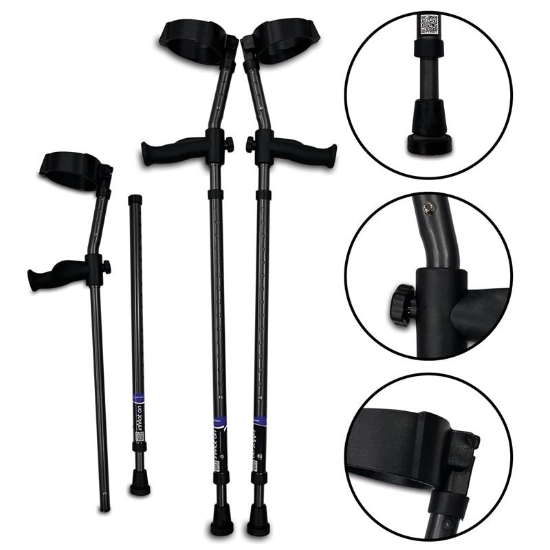 In-Motion Pro crutch showing adjustable components and detail views